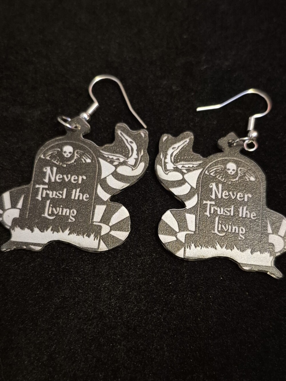 Handcrafted Beetlejuice 'Never Trust the Living' Sandworm Tombstone Earrings